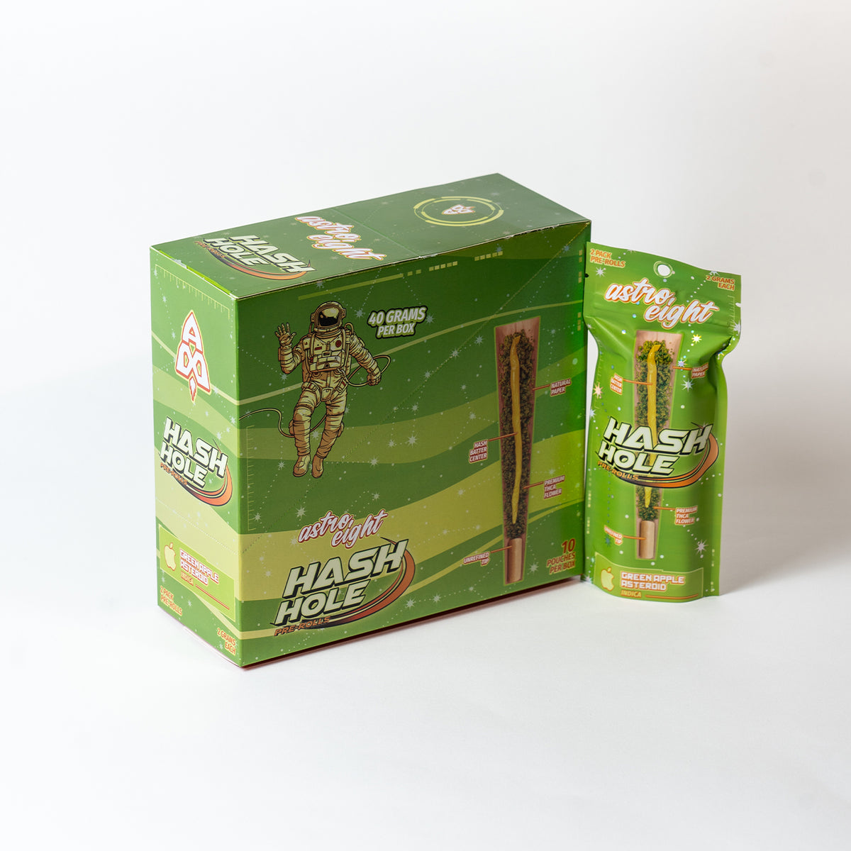 Green Apple Asteroid Hash Hole Pre-Rolls retail box