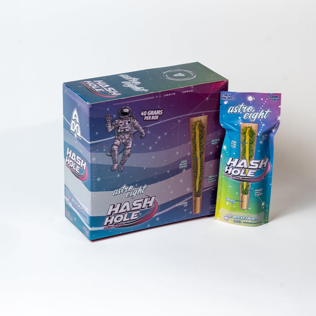 Rocket Runtz Hash Hole Pre-Rolls retail box