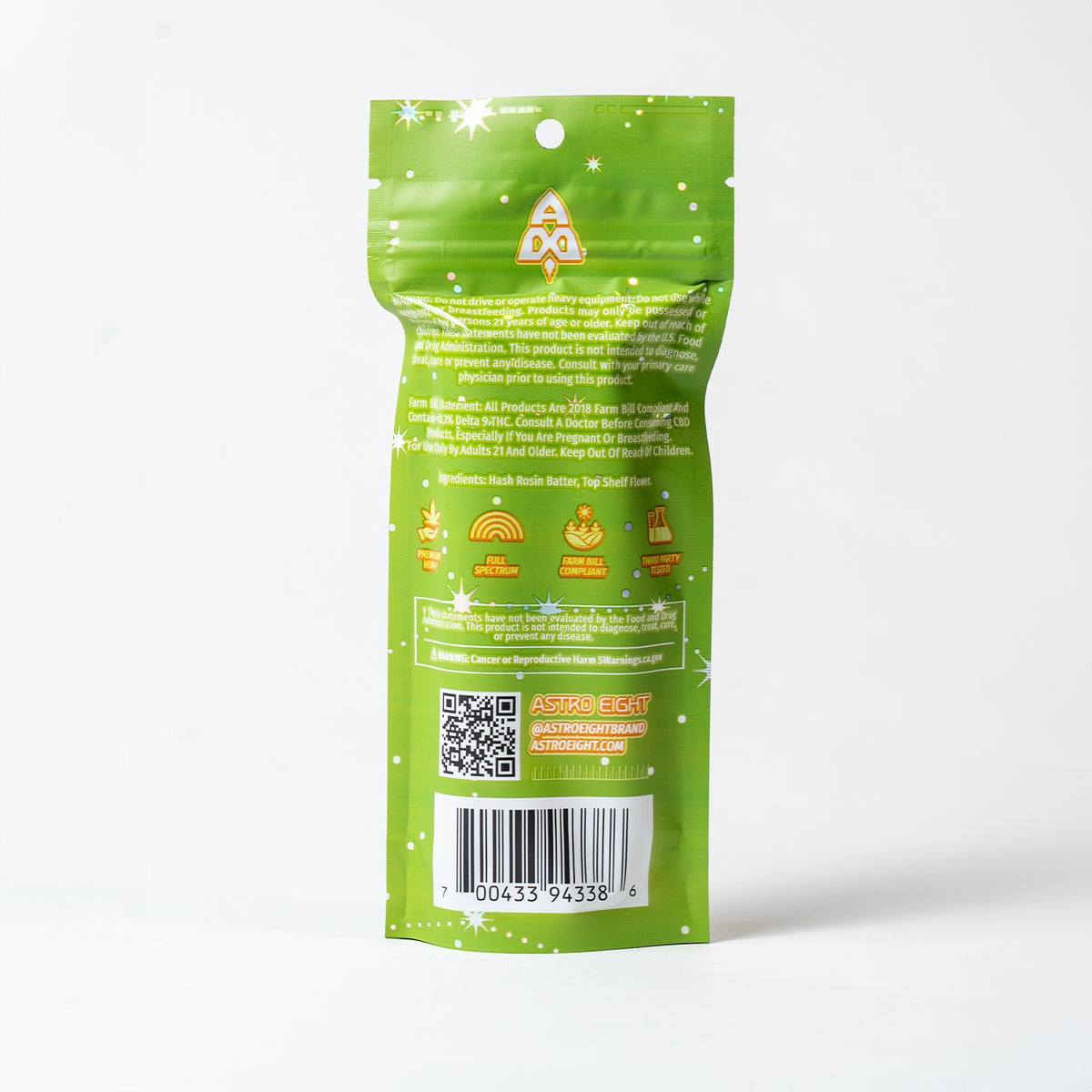 Green Apple Asteroid Hash Hole Pre-Rolls, back of pack